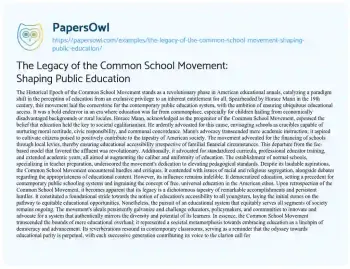 Essay on The Legacy of the Common School Movement: Shaping Public Education