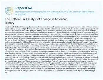 Essay on The Cotton Gin: Catalyst of Change in American History