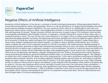 Essay on Negative Effects of Artificial Intelligence