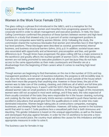 Essay on Women in the Work Force: Female CEO’s