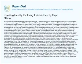 Essay on Unveiling Identity: Exploring ‘Invisible Man’ by Ralph Ellison