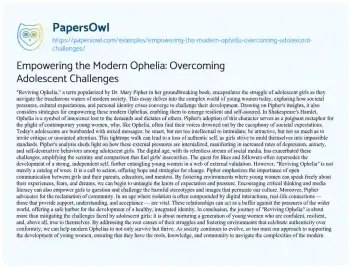 Essay on Empowering the Modern Ophelia: Overcoming Adolescent Challenges