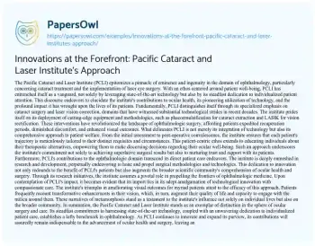 Essay on Innovations at the Forefront: Pacific Cataract and Laser Institute’s Approach