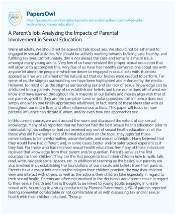 Essay on A Parent’s Job: Analyzing the Impacts of Parental Involvement in Sexual Education