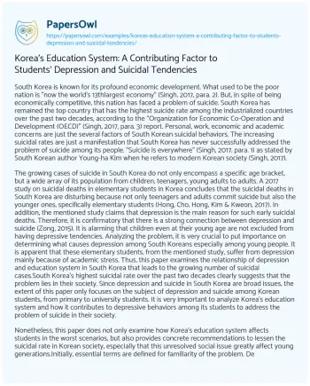 Essay on Korea’s Education System: a Contributing Factor to Students’ Depression and Suicidal Tendencies