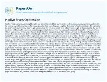 Essay on Marilyn Frye’s Oppression