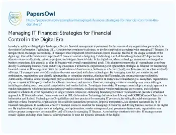 Essay on Managing it Finances: Strategies for Financial Control in the Digital Era