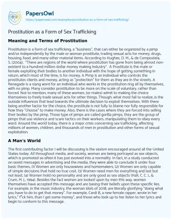 Essay on Prostitution as a Form of Sex Trafficking