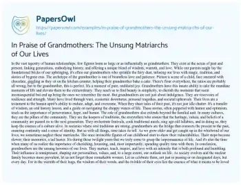 Essay on In Praise of Grandmothers: the Unsung Matriarchs of our Lives