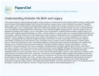 Essay on Understanding Aristotle: his Birth and Legacy