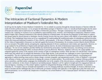 Essay on The Intricacies of Factional Dynamics: a Modern Interpretation of Madison’s Federalist No. 10