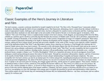 Essay on Classic Examples of the Hero’s Journey in Literature and Film