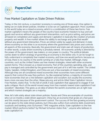 Essay on Free Market Capitalism Vs State Driven Policies