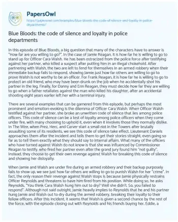 Essay on Blue Bloods: the Code of Silence and Loyalty in Police Departments