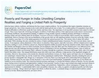 Essay on Poverty and Hunger in India: Unveiling Complex Realities and Forging a United Path to Prosperity