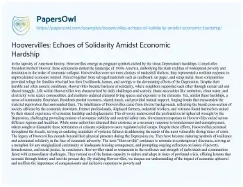 Essay on Hoovervilles: Echoes of Solidarity Amidst Economic Hardship