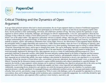 Essay on Critical Thinking and the Dynamics of Open Argument