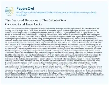 Essay on The Dance of Democracy: the Debate over Congressional Term Limits