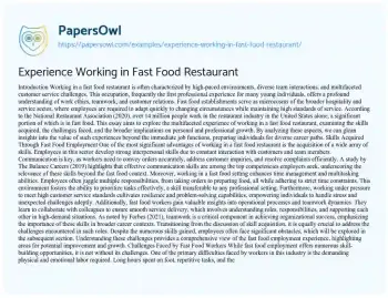 Essay on Experience Working in Fast Food Restaurant