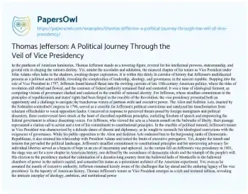 Essay on Thomas Jefferson: a Political Journey through the Veil of Vice Presidency