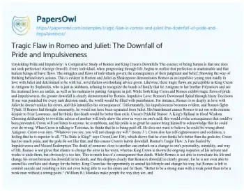 Essay on Tragic Flaw in Romeo and Juliet: the Downfall of Pride and Impulsiveness