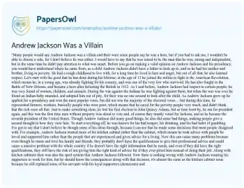 Essay on Andrew Jackson was a Villain