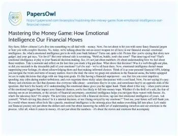 Essay on Mastering the Money Game: how Emotional Intelligence our Financial Moves