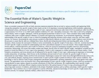 Essay on The Essential Role of Water’s Specific Weight in Science and Engineering