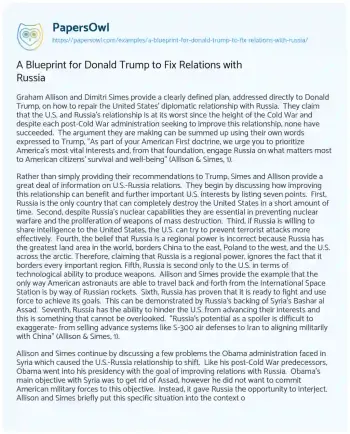 Essay on A Blueprint for Donald Trump to Fix Relations with Russia