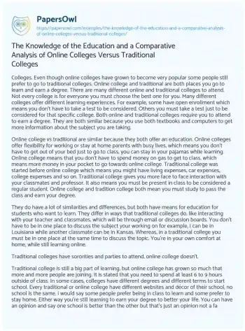 Essay on The Knowledge of the Education and a Comparative Analysis of Online Colleges Versus Traditional Colleges