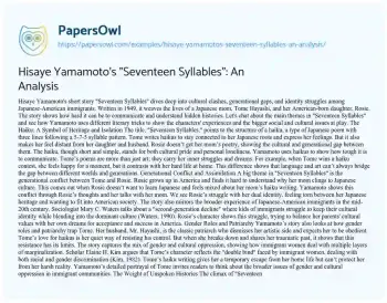 Essay on Hisaye Yamamoto’s “Seventeen Syllables”: an Analysis