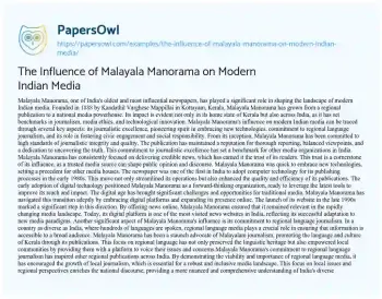 Essay on The Influence of Malayala Manorama on Modern Indian Media