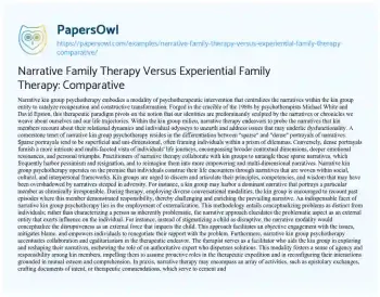 Essay on Narrative Family Therapy Versus Experiential Family Therapy: Comparative