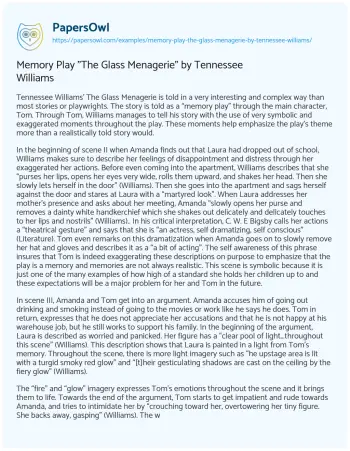 Essay on Memory Play “The Glass Menagerie” by Tennessee Williams