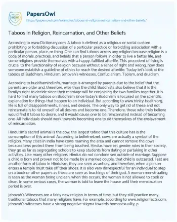 Essay on Taboos in Religion, Reincarnation, and other Beliefs