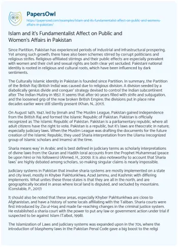 Essay on Islam and it’s Fundamentalist Affect on Public and Women’s Affairs in Pakistan