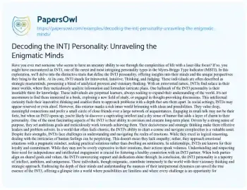 Essay on Decoding the INTJ Personality: Unraveling the Enigmatic Minds