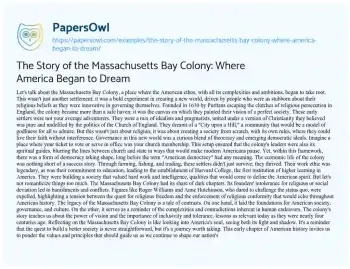 Essay on The Story of the Massachusetts Bay Colony: where America Began to Dream