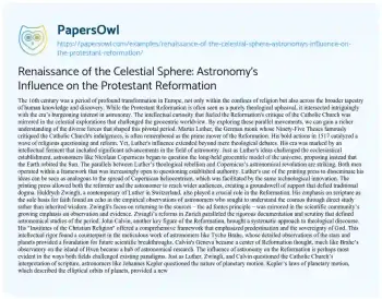 Essay on Renaissance of the Celestial Sphere: Astronomy’s Influence on the Protestant Reformation