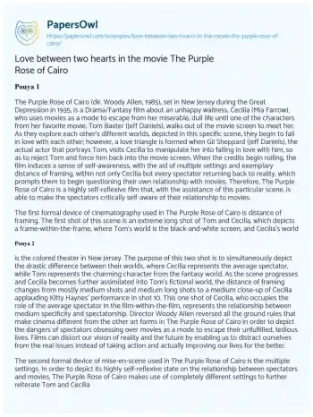 Essay on Love between Two Hearts in the Movie the Purple Rose of Cairo