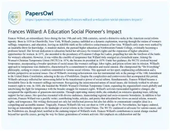 Essay on Frances Willard: a Education Social Pioneer’s Impact