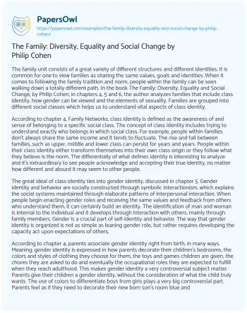 Essay on The Family: Diversity, Equality and Social Change by Philip Cohen