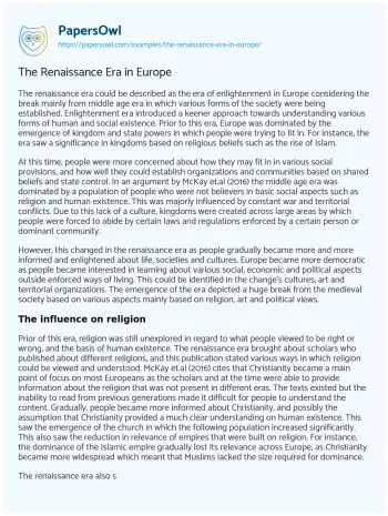 Essay on The Renaissance Era in Europe