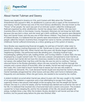 Essay on About Harriet Tubman and Slavery