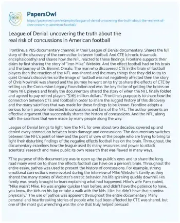 Essay on League of Denial: Uncovering the Truth about the Real Risk of Concussions in American Football