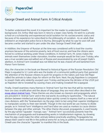 Essay on George Orwell and Animal Farm: a Critical Analysis