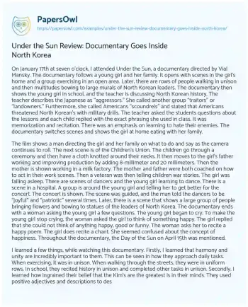 Essay on Under the Sun Review: Documentary Goes Inside North Korea