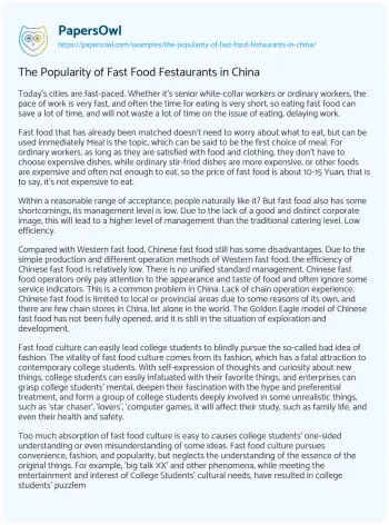 Essay on The Popularity of Fast Food Festaurants in China