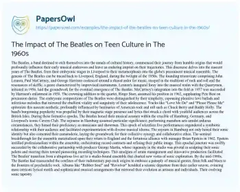 Essay on The Impact of the Beatles on Teen Culture in the 1960s