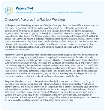 Essay on Character’s Personas in a Play Jack Worthing